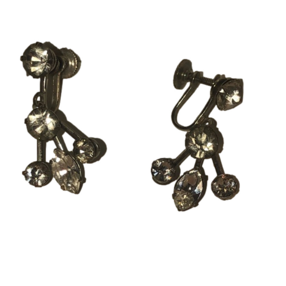 Vtg Triad Art Deco White Stone Silver Tone Screw Clip On Dangle Earrings